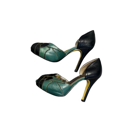 Poetic Licence London Green & Black Leather Peep Toe Heels (EUR 36.5 / US 6) - Picture 7 of 8